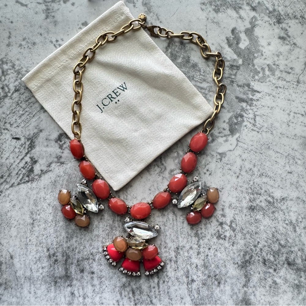 J. Crew Gold and Red Statement Necklace with Ornate Pendant